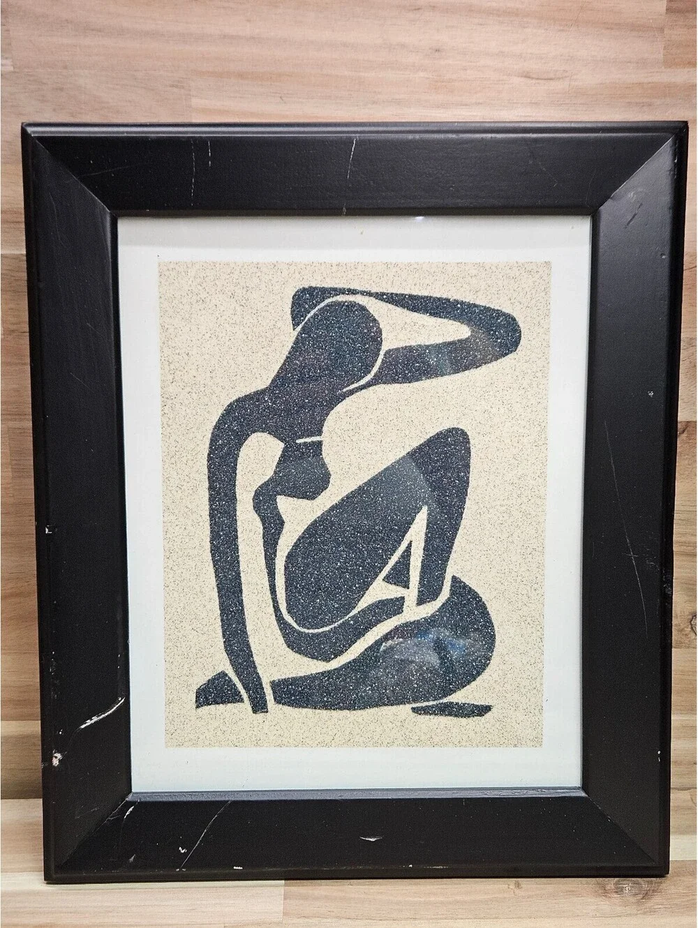 Vintage Framed Matisse Style Black Seated Female Silhouette Textured Sand Art